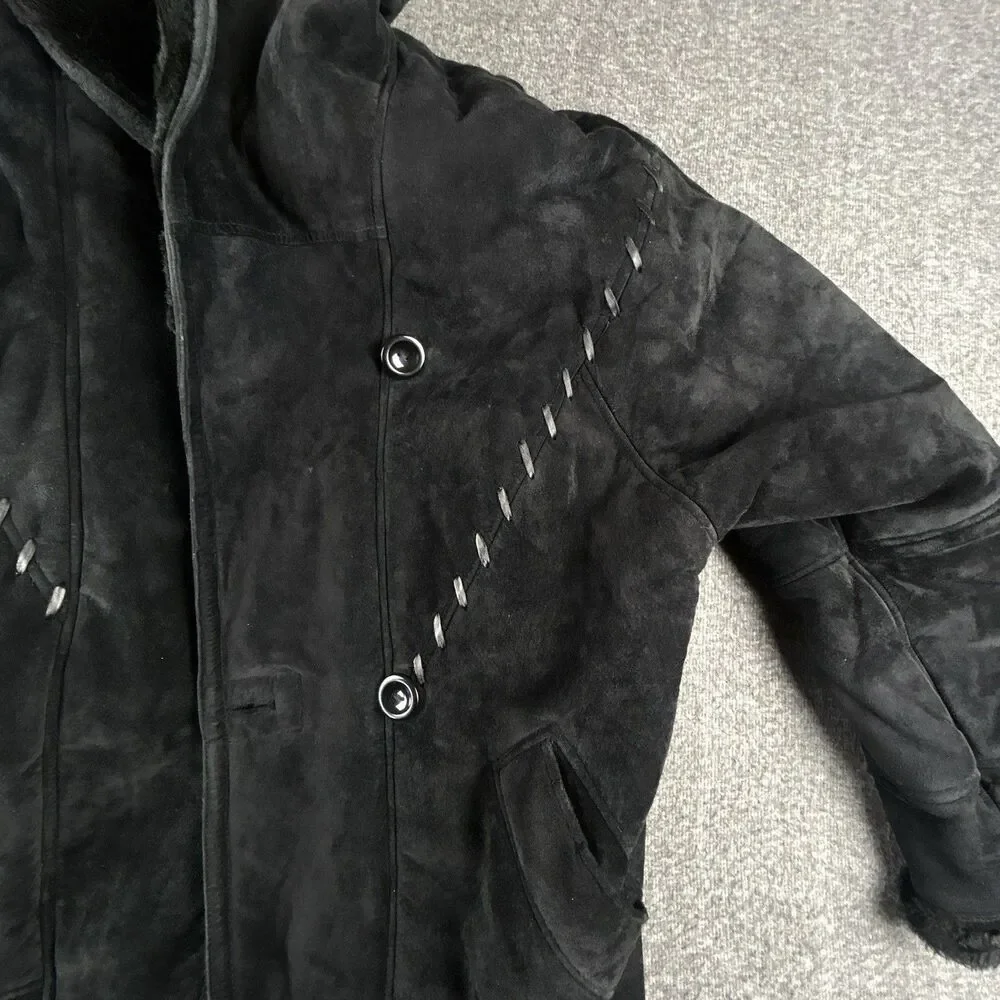 Gallery Genuine Suede Leather Coat Womens Sz M Black Faux Fur Lining & Trim Warm - Picture 4 of 12